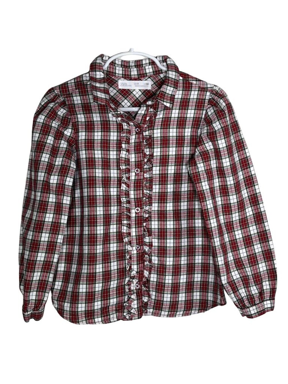 Zara Girls Size 7 Plaid Ruffle Button Down Shirt Red Brown Preppy Fall